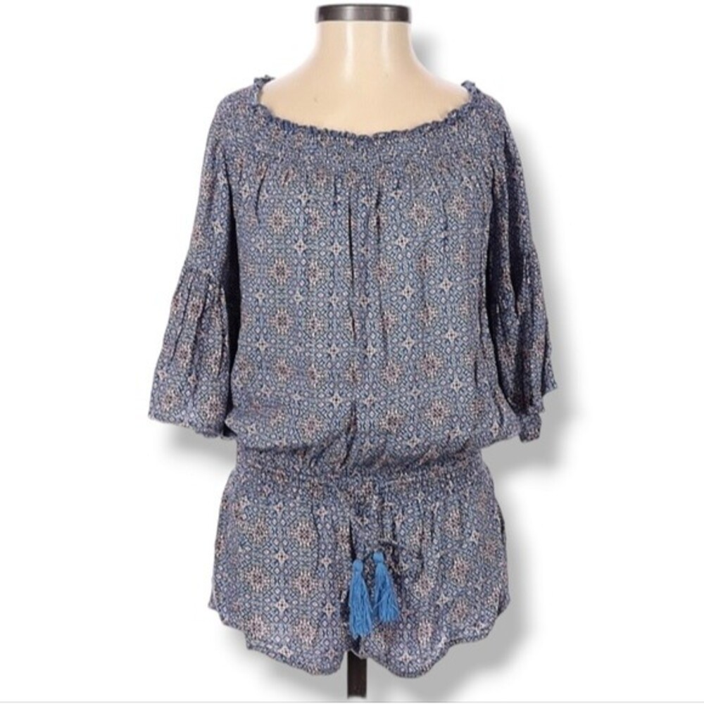 Olivaceous Romper Size S Off‎ The Shoulder Tie Waist Tassels Shorts Micro Print
